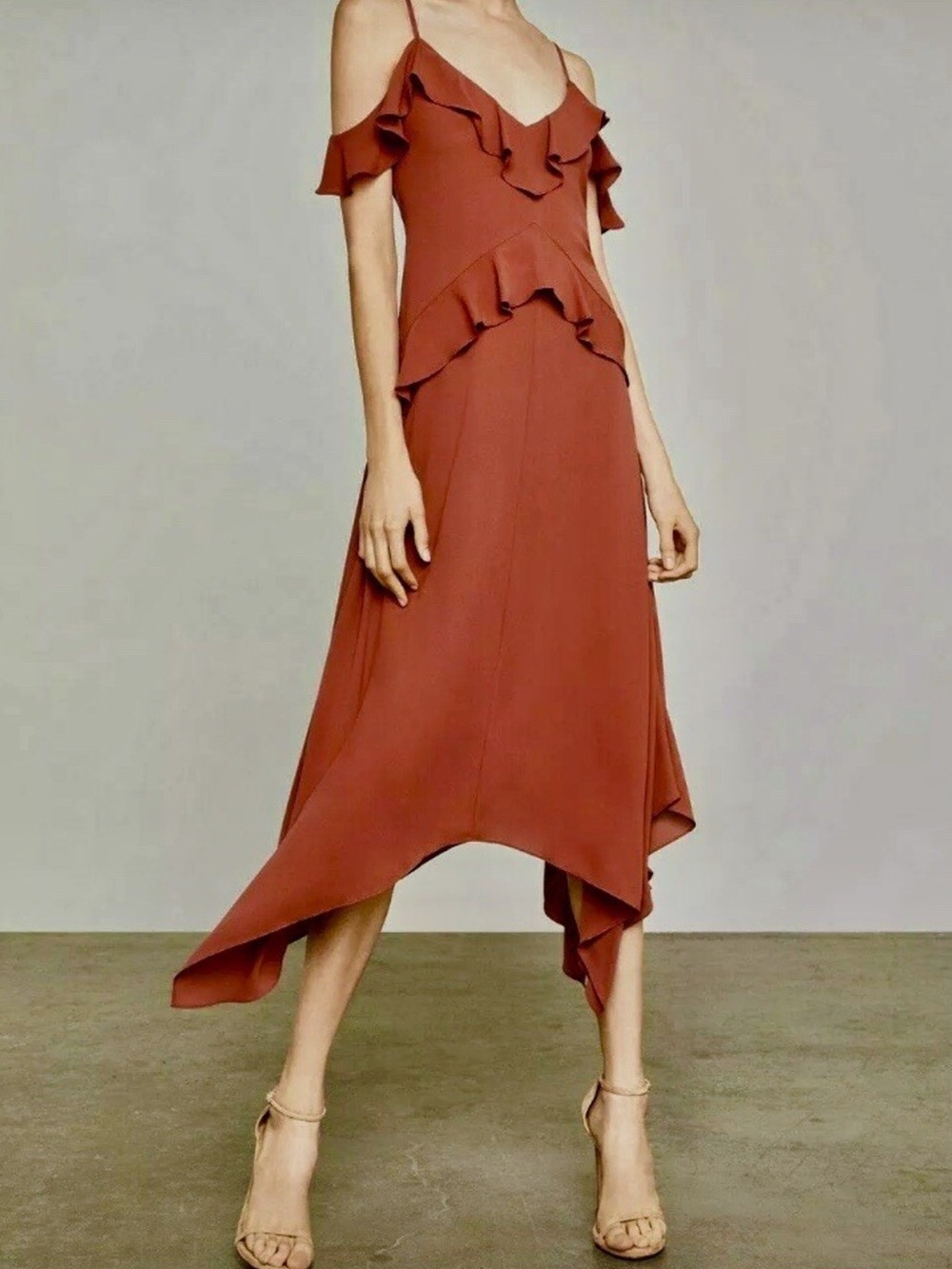 BCBGMaxAzria Ruffle V-Neck Midi Dress in Brick Red